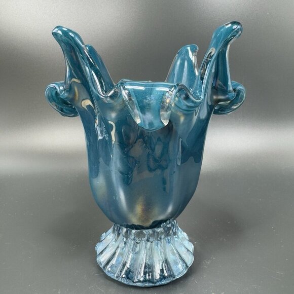 1980s Art Glass Abstract Vase Bowl Centerpiece Teal Blue Iridescent Finish Glass - Picture 14 of 15